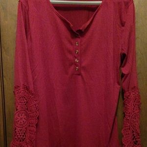 Deep Red Henley with Lace Sleeve